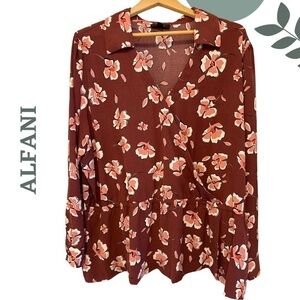 Alfani Faux Wrap Floral Long Sleeve Blouse Brick Red Pink Plus Size 3X